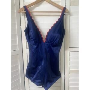 Vintage 1970 DeWeese Design Navy W/ Red Trim One Piece Swimsuit Sz 16 USA Made